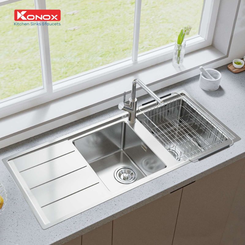Ảnh chậu rửa bát inox 2 hố Konox Beta 1160 Bàn trái Ảnh chậu rửa bát inox 2 hố Konox Beta 1160 Bàn trái