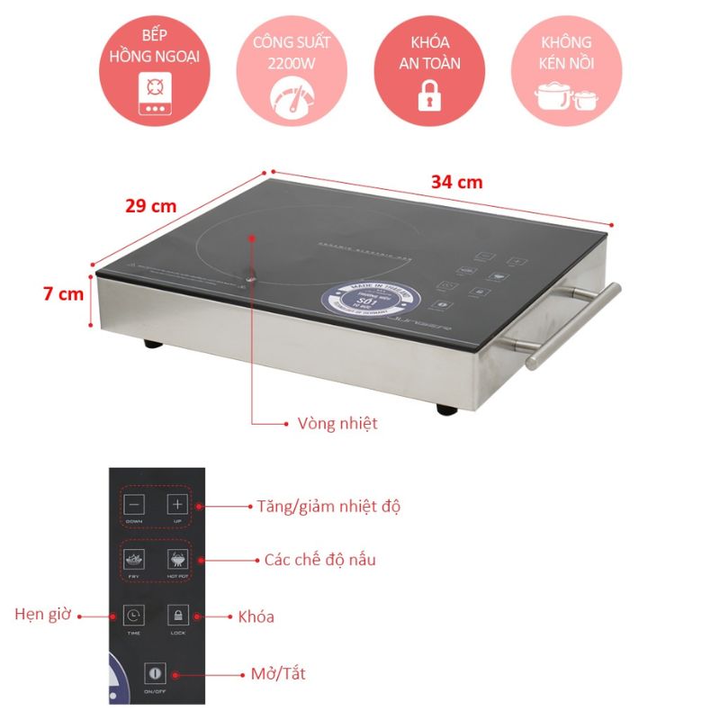 Kích thước bếp hồng ngoại đơn Junger ASC-86 di động Kích thước bếp hồng ngoại đơn Junger ASC-86 di động