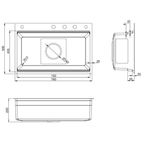 Chậu rửa bát 1 hố Kluger KWF8161FB-S76W 5 Kích thước chậu rửa bát 1 hố Kluger KWF8161FB-S76W