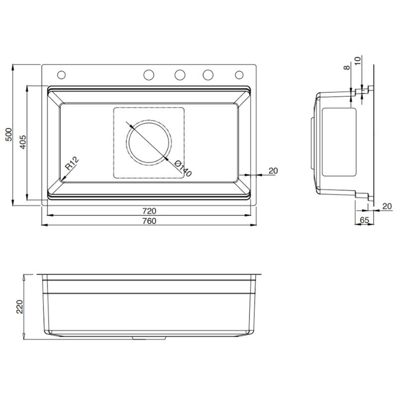 Kích thước chậu rửa bát 1 hố Kluger KWF8161FB-S76W Kích thước chậu rửa bát 1 hố Kluger KWF8161FB-S76W