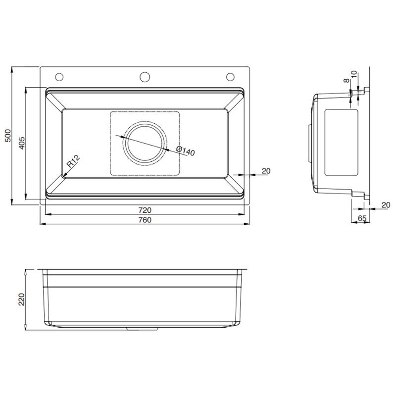 Kích thước chậu rửa bát 1 hố Kluger KWF8161FS-S76 Kích thước chậu rửa bát 1 hố Kluger KWF8161FS-S76