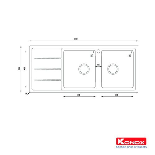 Chậu rửa bát inox 2 hố Konox Beta 1160 Bàn trái 5 Kích thước chậu rửa bát inox 2 hố Konox Beta 1160 Bàn trái