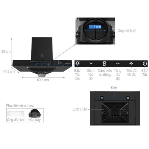 Máy hút mùi âm tủ Junger HRJ-701 Black 4 Kích thước máy hút mùi âm tủ Junger HRJ-701 Black