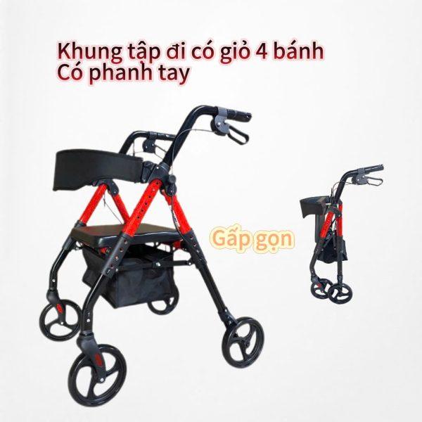 khung tập đi 4 bánh xe có phanh tay ,điều chỉnh cao thấp dễ dàng, có giỏ đựng đồ tiện lợi 3 khung oromi 5