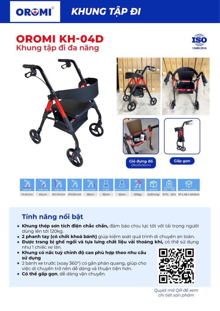 khung tập đi 4 bánh xe có phanh tay ,điều chỉnh cao thấp dễ dàng, có giỏ đựng đồ tiện lợi