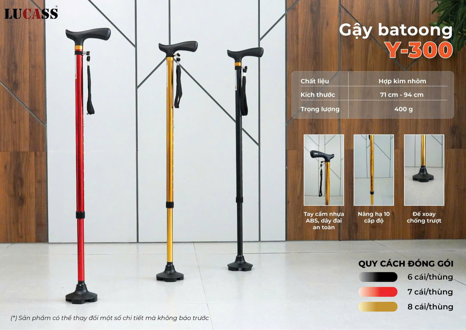 (Màu đỏ) Gậy batoong 4 đế chân tự đứng Lucass Y300, Gậy chống một chân tự đứng cho người già
