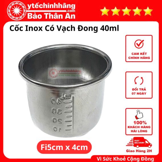 Cốc Chén Bát Inox 25 1. Cốc Inox Có Vạch Đong 40ml; Fi5cm x 4cm