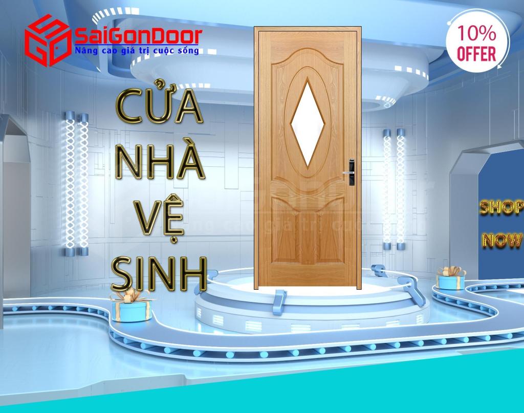 Một mẫu cửa gỗ nhà vệ sinh với thiết kế dạng Pano kính