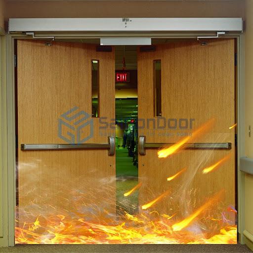 Cửa gỗ chống cháy kiểu cửa đôi sử dụng thanh thoát hiểm Cửa gỗ chống cháy kiểu cửa đôi sử dụng thanh thoát hiểm