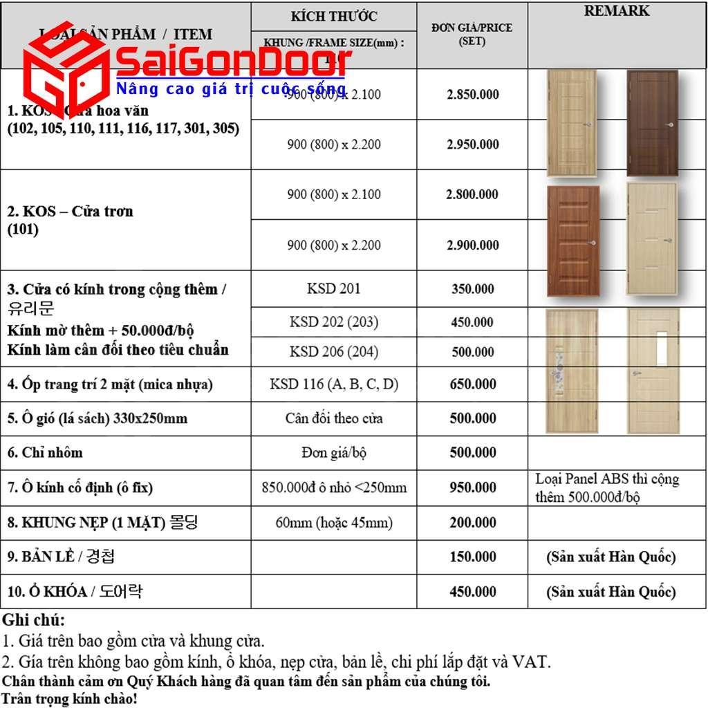 Báo giá cửa nhựa giả gỗ Hàn Quốc SaiGonDoor mới nhất năm 2022