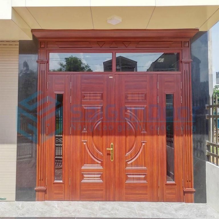 Cửa thép vân gỗ giải pháp thay thế hoàn hảo cho cửa gỗ tự nhiên 9 Mẫu cửa thép vân gỗ 4 cánh có kính