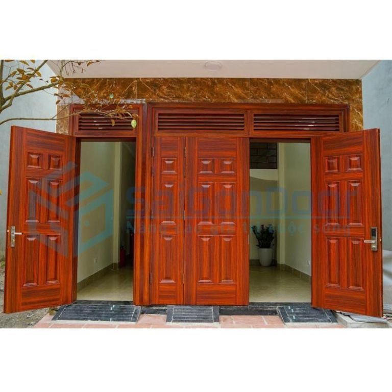Cửa thép vân gỗ giải pháp thay thế hoàn hảo cho cửa gỗ tự nhiên 10 Mẫu cửa thép vân gỗ 4 cánh có ô fit