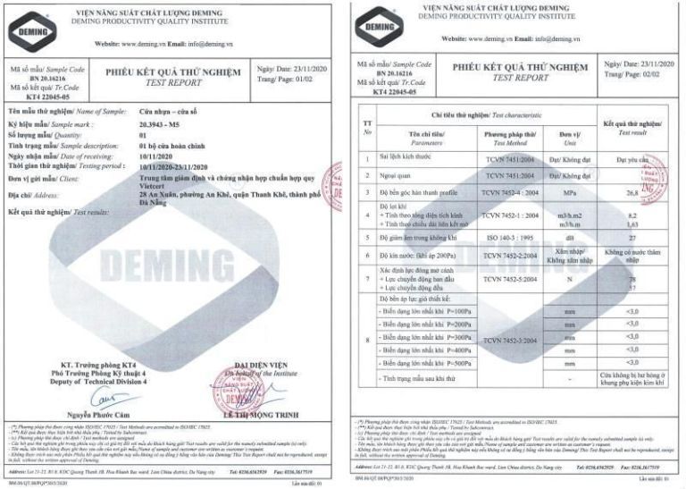 CHỨNG NHẬN HỢP CHUẨN HỢP QUY CỬA GỖ, CỬA NHỰA, CỬA THÉP VÀ CỬA NHÔM 9 Ket qua thu nghiem cua nhua P1 scaled