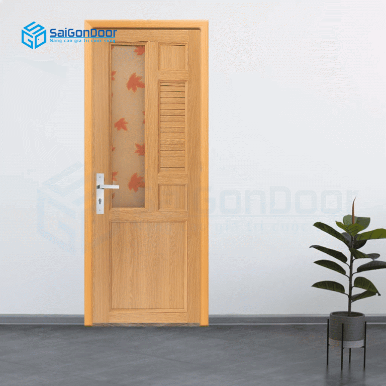 Mẫu cánh cửa đẹp với kính hoa văn lá đỏ và ô chớp cửa nhựa cao cấp thông phòng