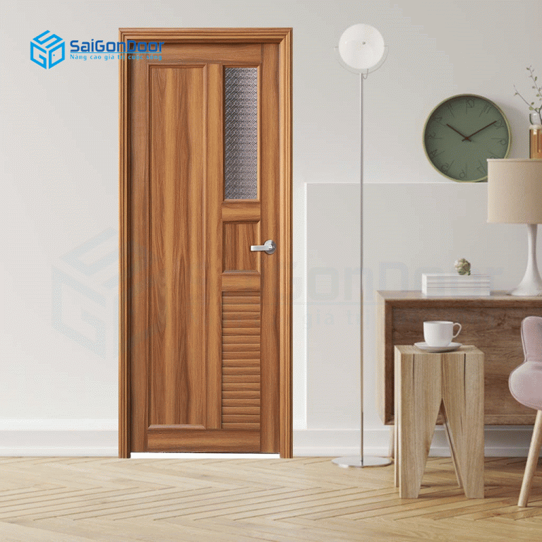 Mẫu cửa fix kính kết hợp ô chớp Cửa nhựa vân gỗ phòng ngủ