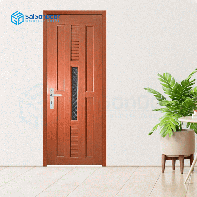 Mẫu cửa nhựa vân gỗ màu nâu đỏ fix kính 2 ô chớp Cửa nhựa vân gỗ phòng ngủ