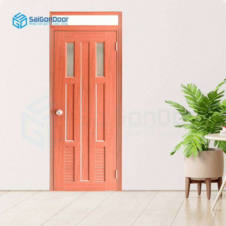 Mẫu cửa nhựa vân gỗ màu đỏ fix kính kết hợp ô chớp Cửa nhựa vân gỗ phòng ngủ