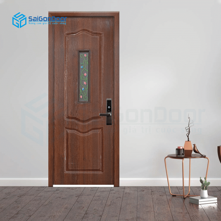 Mẫu cửa nhựa vân gỗ gụ fix kính hoa văn Cửa nhựa vân gỗ phòng ngủ