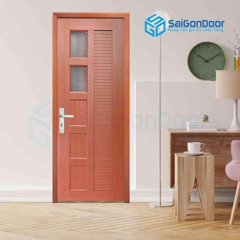 Mẫu cửa màu đỏ được fix 2 ô kính mờ Mẫu cửa nhựa cao cấp nhà vệ sinh