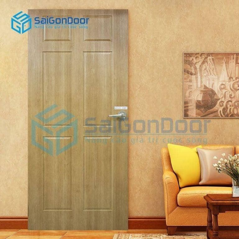 Mẫu cửa nhựa màu vàng vân gỗ cánh chia ô vuông Mẫu cửa nhựa cao cấp nhà vệ sinh