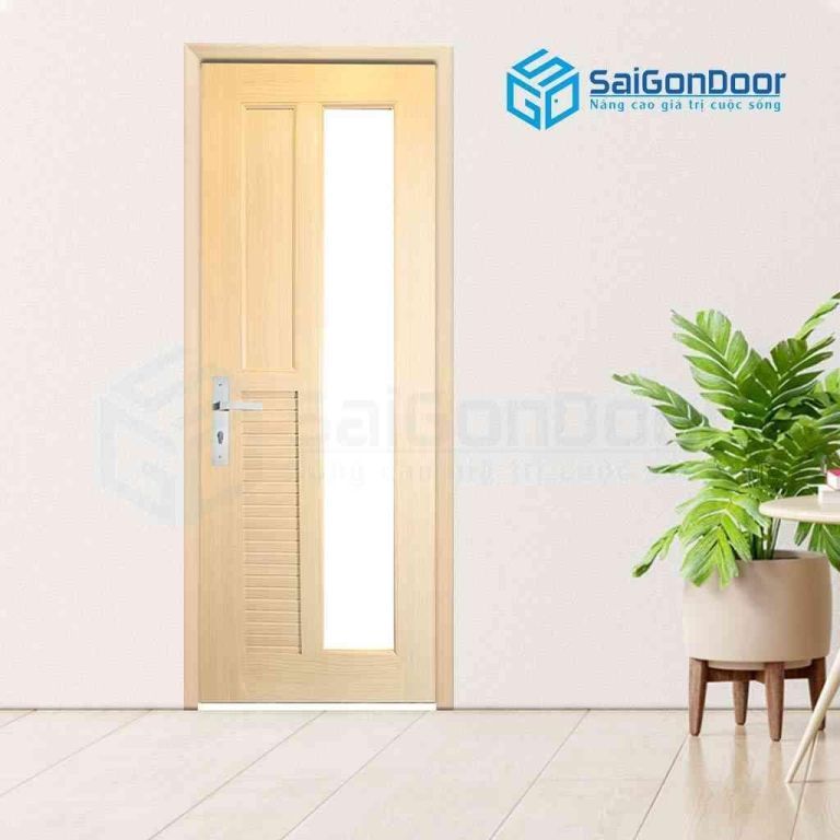 Mẫu cửa nhựa vân gỗ màu vàng nhạt fix kính trắng mờ Mẫu cửa nhựa cao cấp nhà tắm