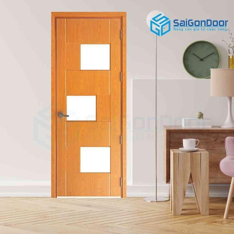 Mẫu cửa gỗ phòng ngủ fix ô kính so le nhau Mẫu cửa gỗ phòng ngủ fix ô kính so le nhau