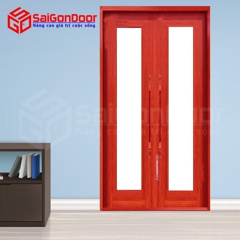 cửa sắt giả vân gỗ tại quận 5 Cửa sắt vân gỗ 2 cánh có ô kính lớn