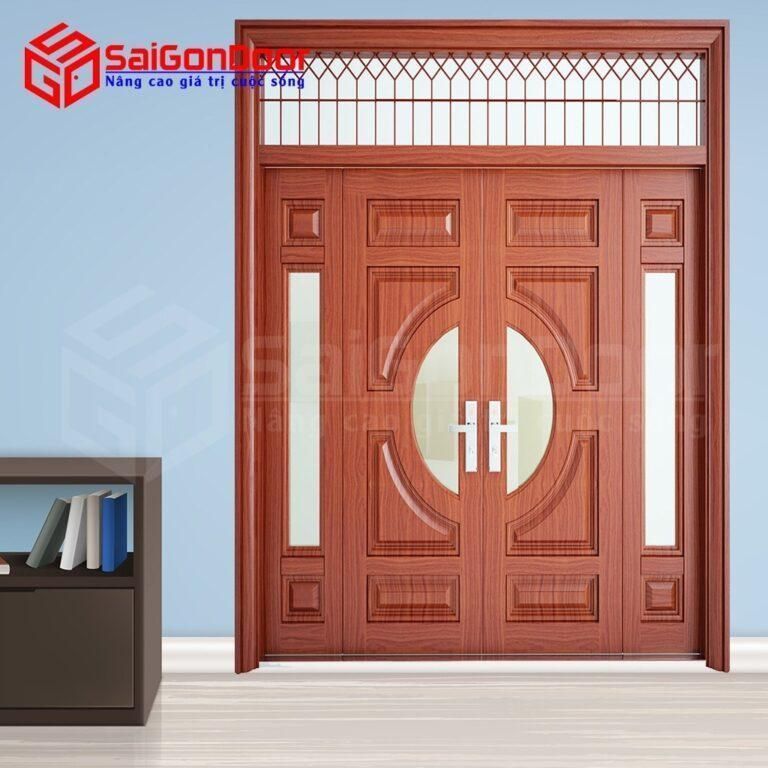 cửa thép giả gỗ Đồng Tháp Mẫu cửa thép giả gỗ 4 cánh lệch