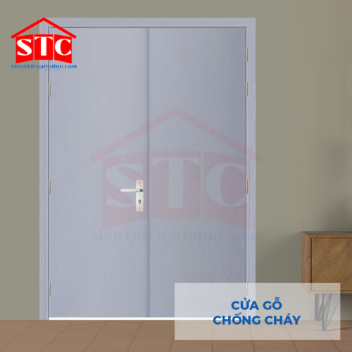 Cửa gỗ chống cháy GCC 2P Sơn xám trắng