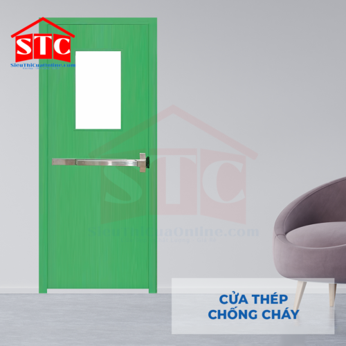 Cửa thép chống cháy TCC P1G1 xanh thanh thoát hiểm