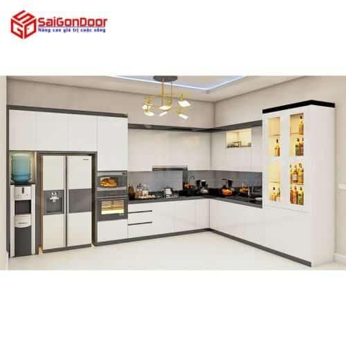 Nội thất nhà bếp L Full trần kết hợp tủ lạnh