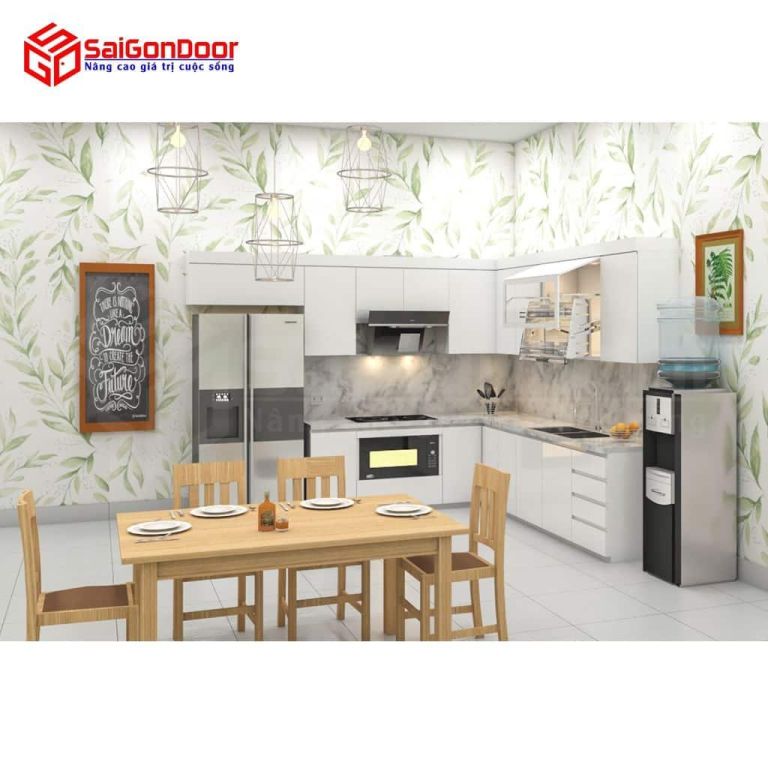 Nội thất nhà bếp chữ L Full tầng kết hợp bàn ăn 3 Bep chu L 2 tang ket hop phong an.png
