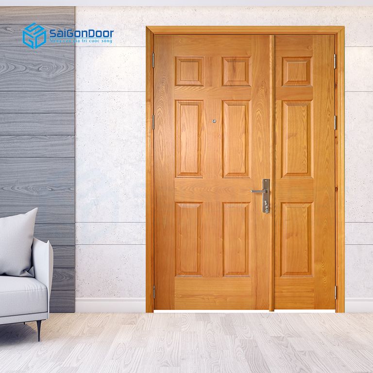 Cửa gỗ công nghiệp 2 cánh dùng làm cửa chính, cửa đi lại cho các căn hộ chung cư cao cấp và hiện đại