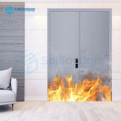 Cửa gỗ chống cháy 2 cánh màu xám phòng ngủ hiện đại