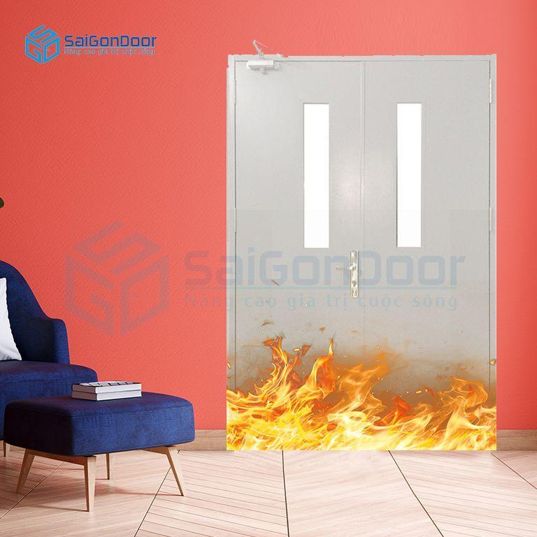 Cửa thoát hiểm 2 cánh có ô kính chống cháy