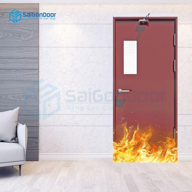 Cửa căn hộ thoát hiểm gắn tay co thủy lực cùng ô kính cách âm