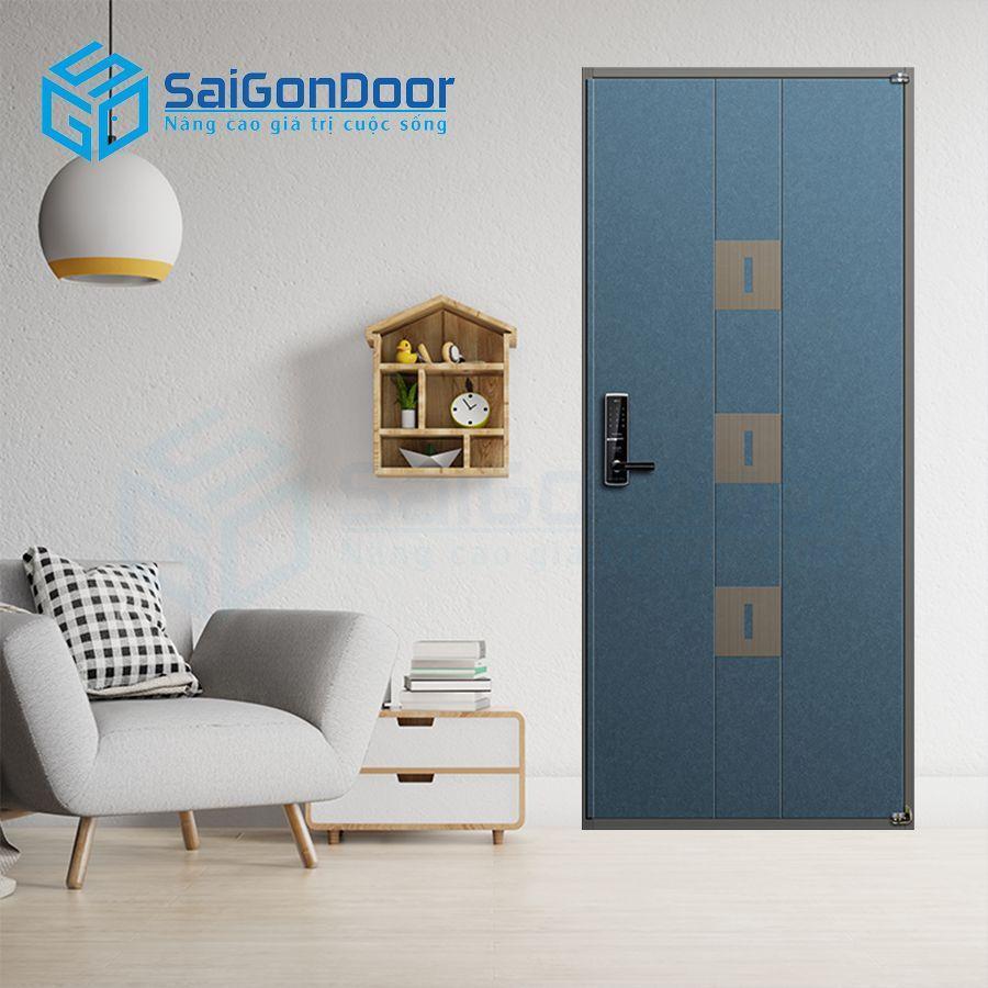 Cửa thép phòng khách gắn ô kính hoa văn GH-609-B