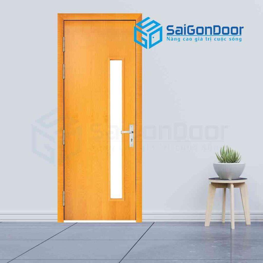 Cửa gỗ công nghiệp MDF Veneer P1G1 sồi với ô kính nhỏ chạy dọc