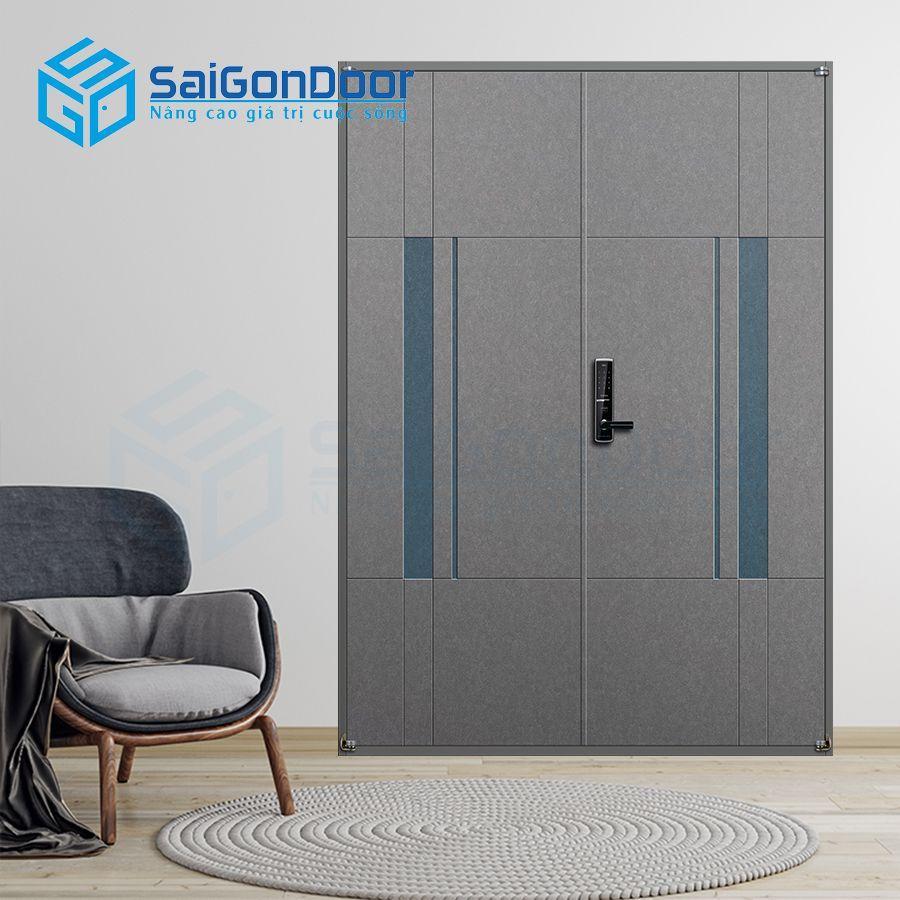 Cửa thép 2 cánh có họa thiết trang trí hiện đại B-653-G (DOUBLE)