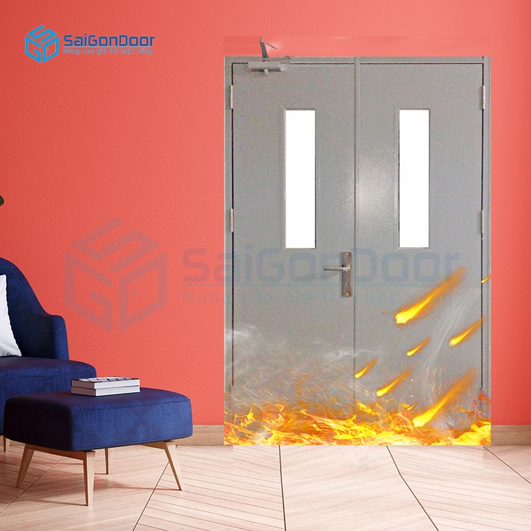 Cửa thép chống cháy 2 cánh dùng tay co thủy lực có ô kính