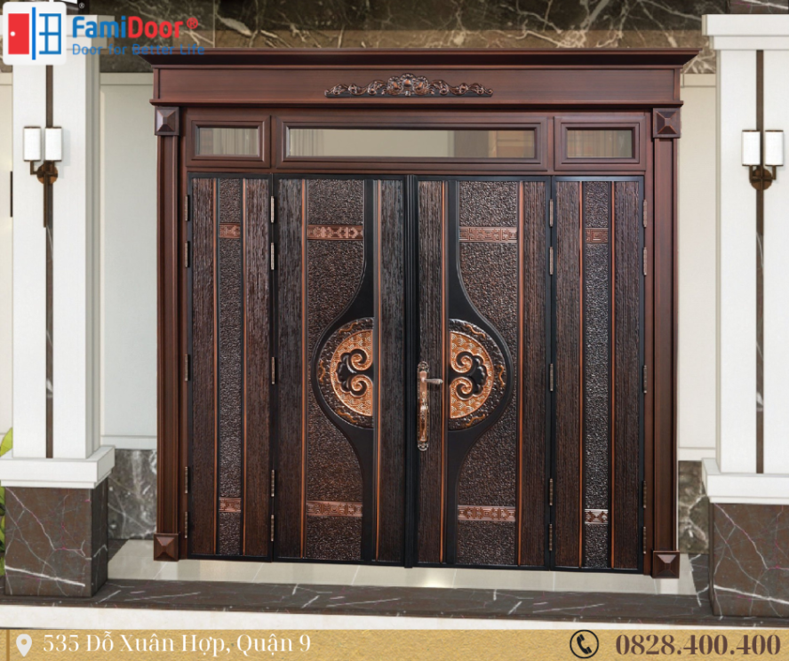Cửa thép Classic 4 cánh hoạ tiết Vảy Rồng-cuộn sóng- Màu Hổ Phách