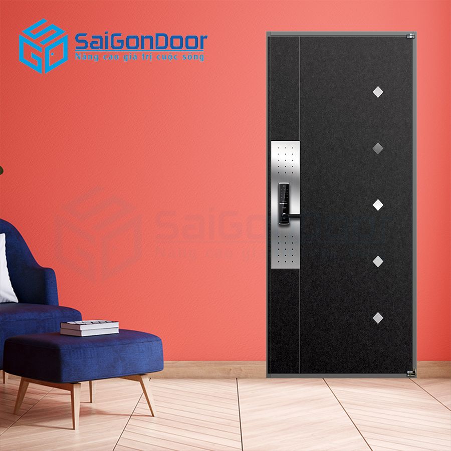 Cửa thép cách âm màu đen độc đáo kết hợp ổ khóa trắng phá cách S-631-RB