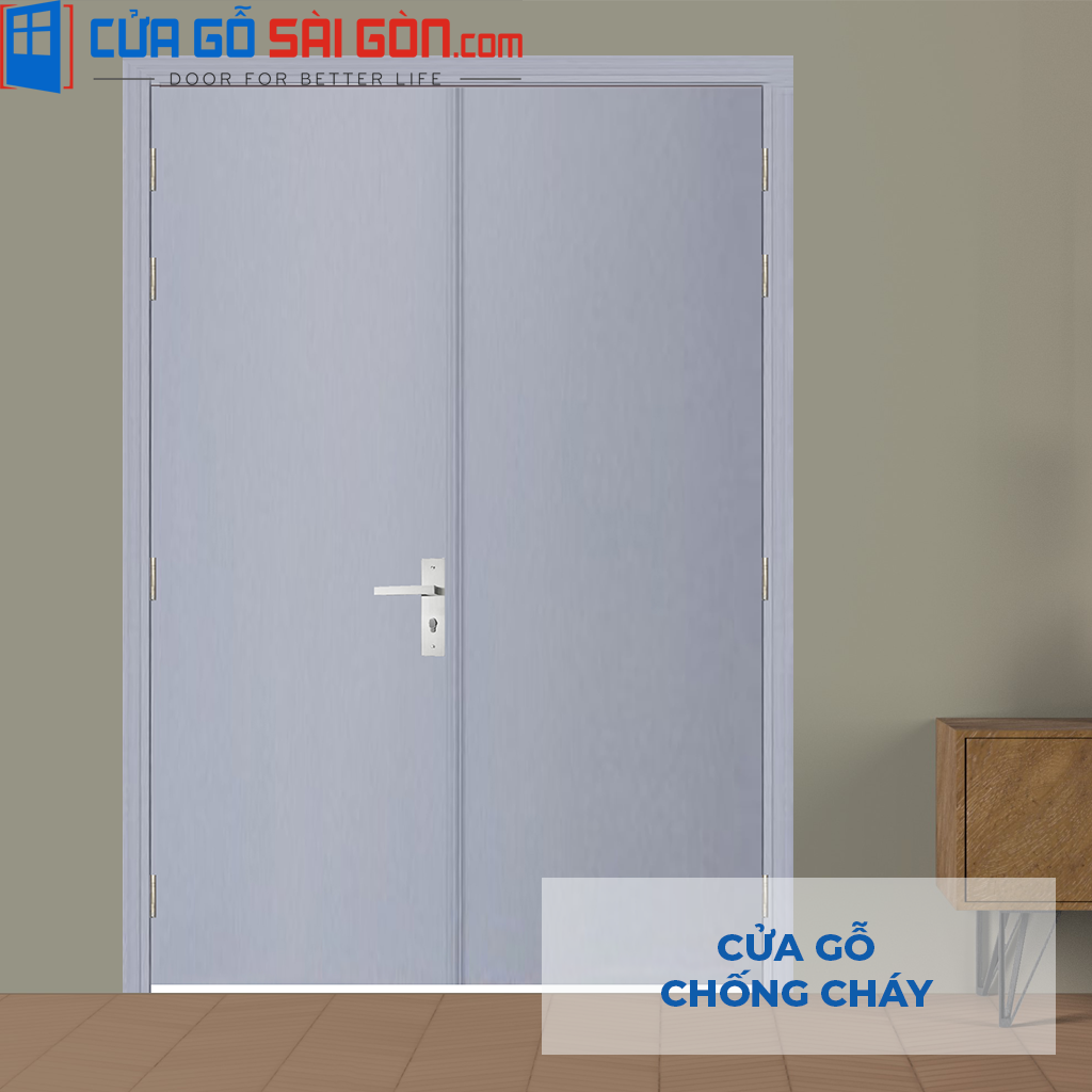 Cua go chong chay 2P son xam trang