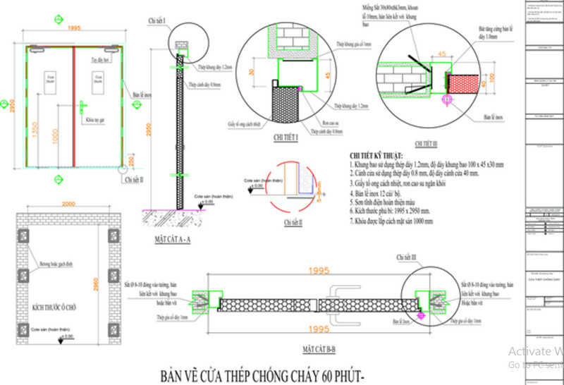 Bản vẽ cửa chống cháy bằng thép (60 phút), cửa thép đôi 2 cánh, cửa sử dụng dùng khóa tay gạt Bản vẽ cửa chống cháy bằng thép (60 phút), cửa thép đôi 2 cánh, cửa sử dụng dùng khóa tay gạt
