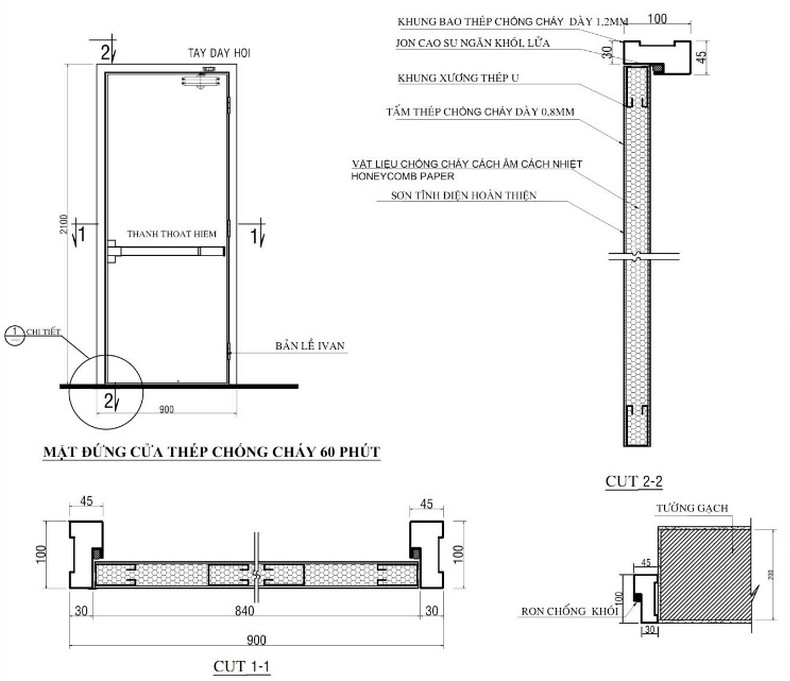 Bản vẽ cửa chống cháy bằng thép (chống cháy 60 phút) dùng thanh thoát hiểm Bản vẽ cửa chống cháy bằng thép (chống cháy 60 phút) dùng thanh thoát hiểm