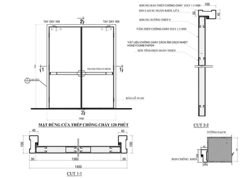 Cửa thép chống cháy 120 phút, cửa thép đôi, dùng thanh thoát hiểm Cửa thép chống cháy 120 phút, cửa thép đôi, dùng thanh thoát hiểm
