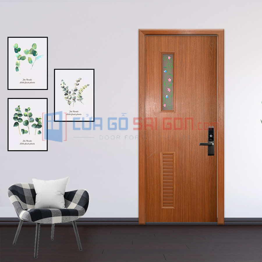 Mẫu cửa nhựa Đài Loan vân gỗ hương fix kính kết hợp ô chớp Cửa nhựa toilet