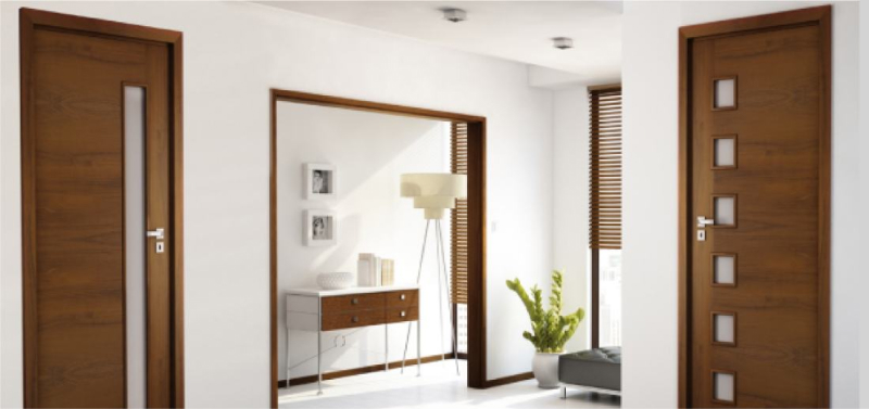 Mẫu cửa gỗ công nghiệp composite ô kính hiện đại