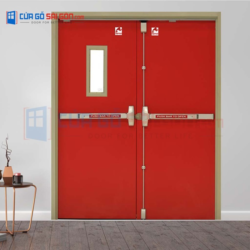 Mẫu cửa thép chống cháy màu đỏ nổi bật, tạo điểm nhấn