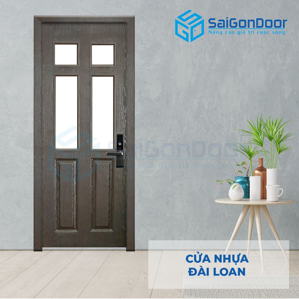 Mẫu cửa nhựa Đài Loan vân gỗ màu xám fix kính mẫu cửa nhựa vân gỗ